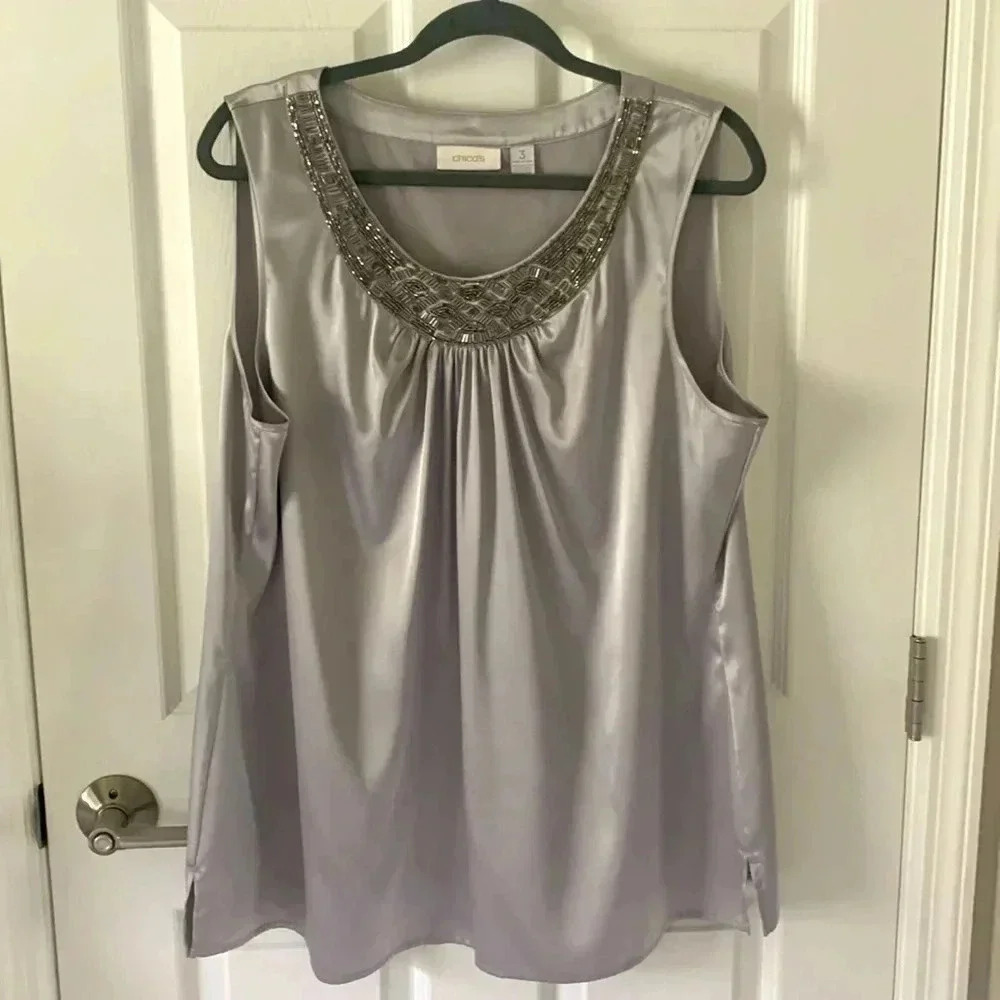 Chicos silver beaded embellished sleeveless blouse size XL (Chicos size 3)